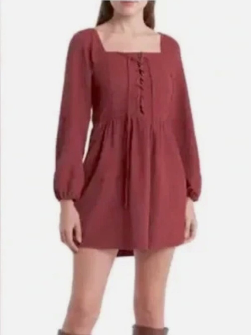 NWOT Kirious Los Angele Burgundy Suede Square Neck Puff Sleeve  Dress